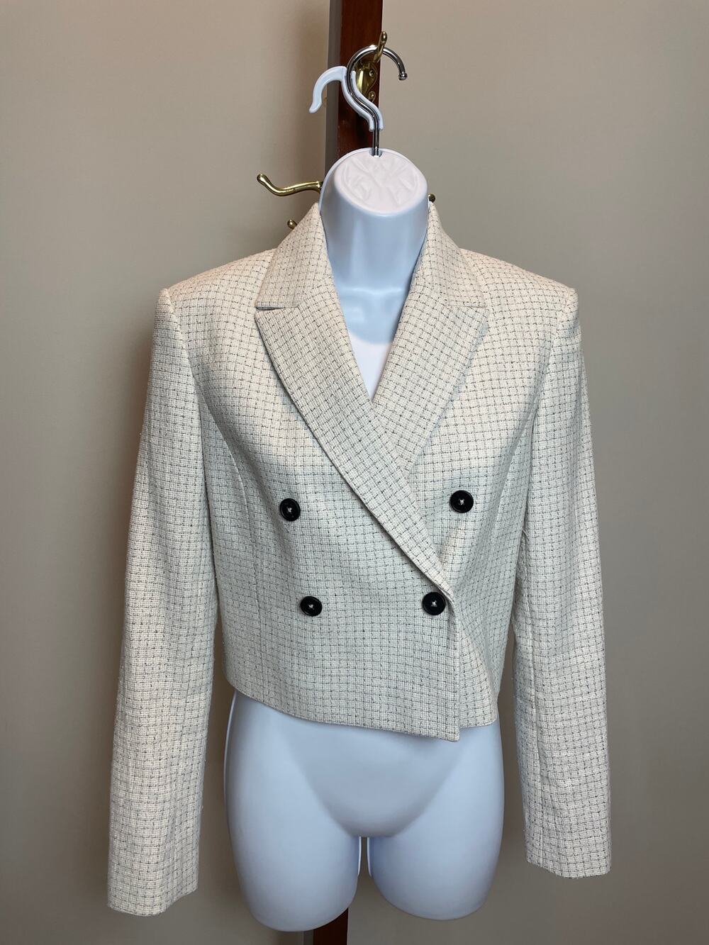 Calvin Klein Check Double Breasted Short Blazer Size 4 White Black